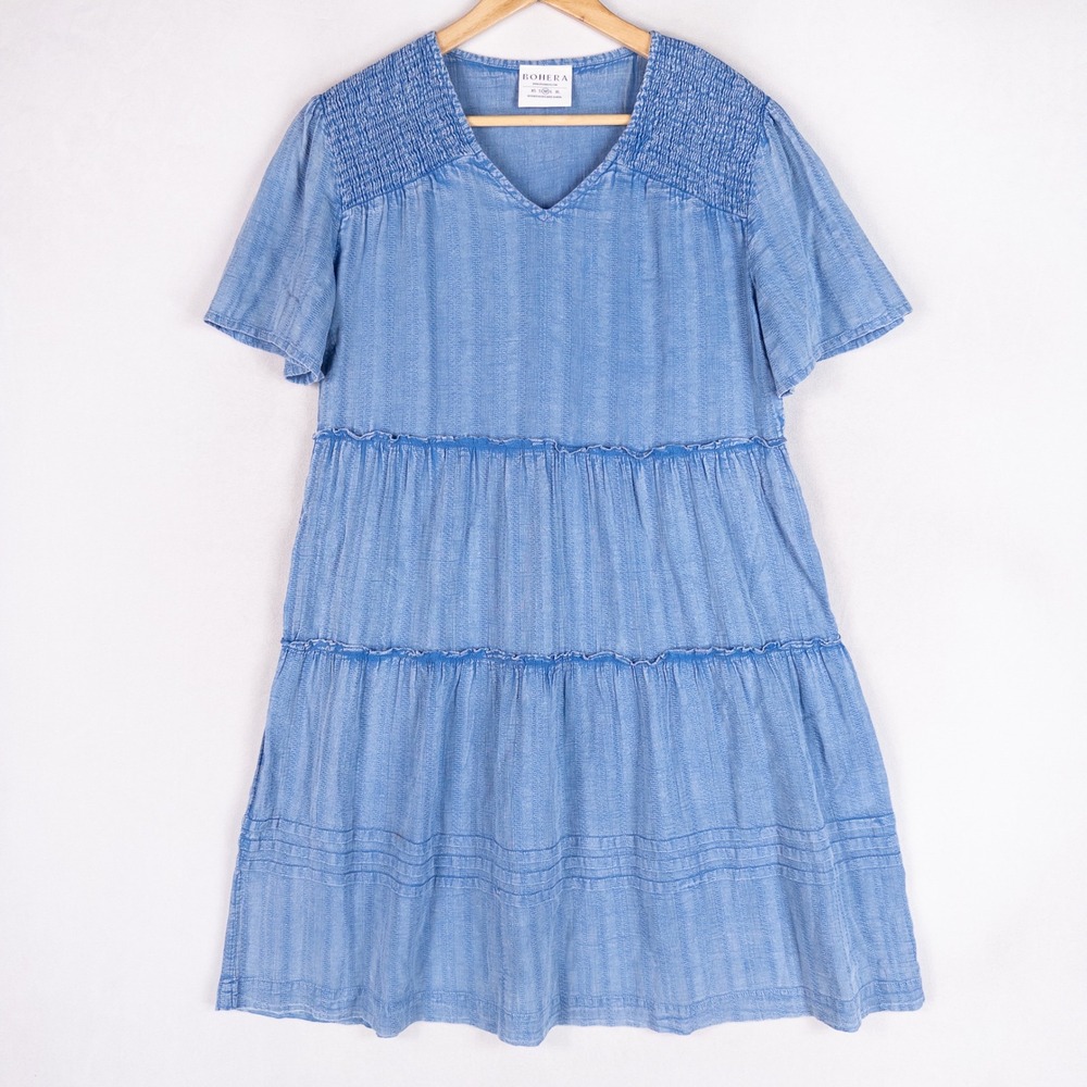 Bohera Dress Women M Blue Cotton Tiered V-Neck Smocked Short Sleeve Cottage Boho